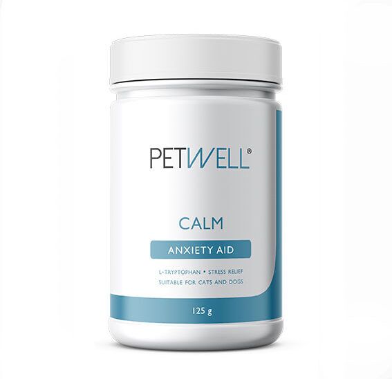 PetWell Calm Anti-Anxiety aid canister, anxiety supplement, natural anxiety aid for dogs, Senior Pet Supplements; Natural/Organic Pet Supplements; Weight Management Supplements for Dogs/Cats; Calming Supplements for Dogs/Cats; Multivitamins for Pets; Immune Support; Cat Supplements; Dog Supplements; Pet Supplements; anxious dog; dog anxiety; Separation anxiety; Tryptophan; natural supplements for dogs/cats